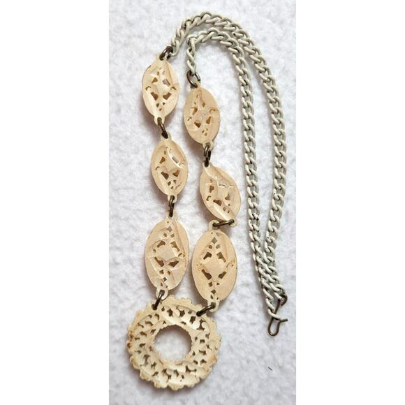 Antique 20s 30s Carved Celluloid Cream Necklace Rhinestones Carved Ornate Lacy - Picture 7 of 7
